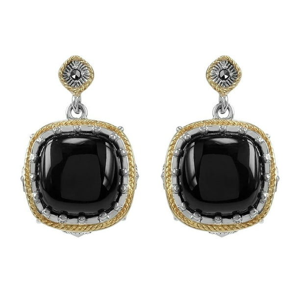 Sterling Silver Black Onyx Cabochon Women's Earrings with CZ Accents 